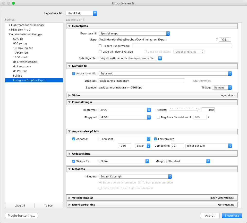 Lightroom export settings for Instagram and Dropbox